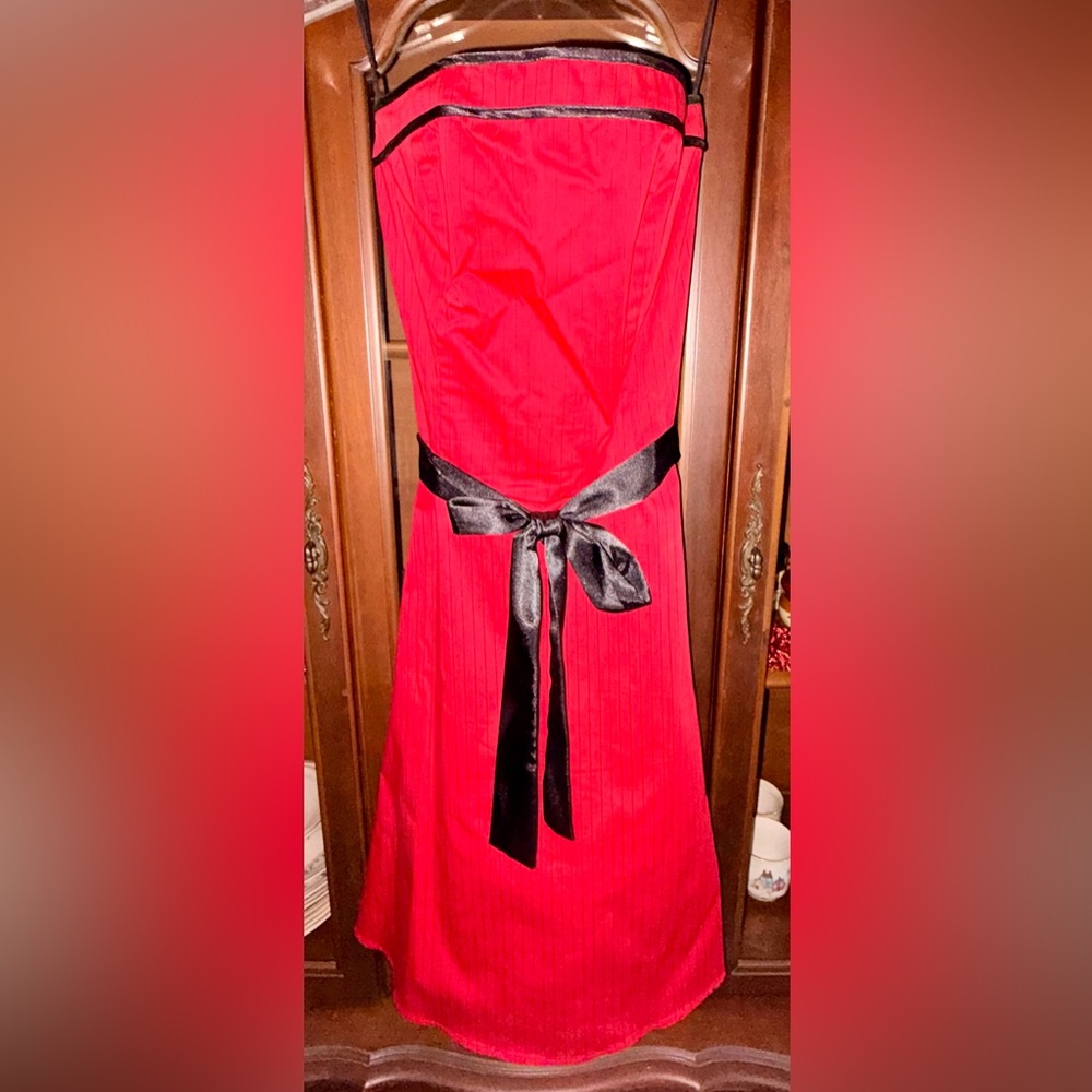 Ruby Rox Strapless Red Dress with Black Pinstripe Stripes Size 3